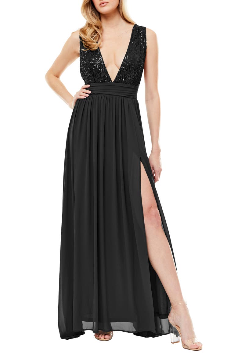 Daphne Sequin Top V-Plunge Maxi Dress, Alternate, color, BLACK