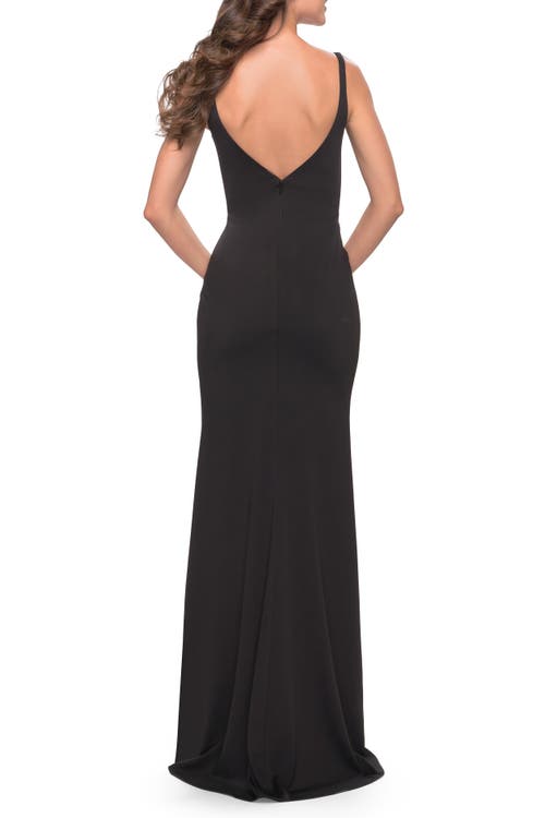 La Femme Simple Chic Long Jersey Gown With Square Neckline In Black