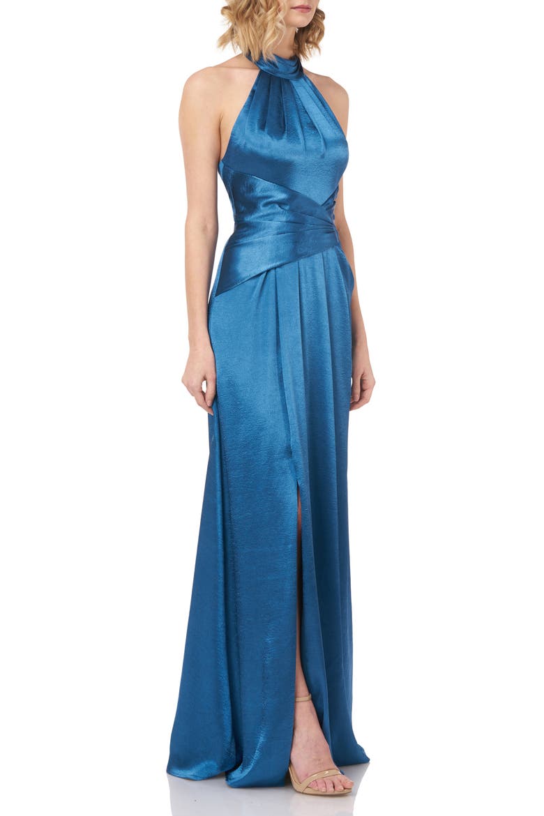 Simone Halter Satin Gown, Alternate, color, TEAL