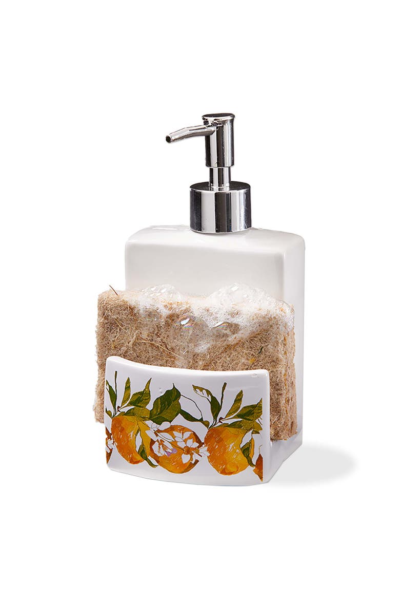 Lemoncello Soap Dispenser Sponge Holder Multicolor Bone China, Main, color, Orange