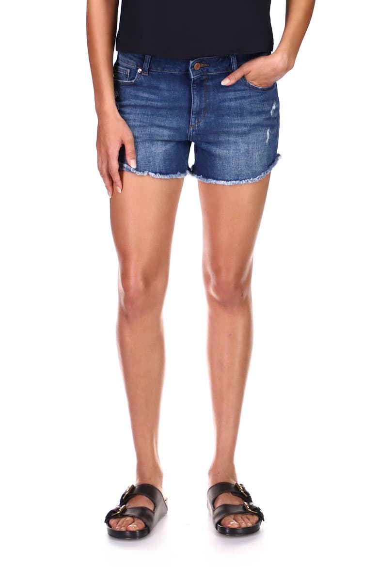 Karlie Cutoff Denim Boyfriend Shorts, Main, color, DARK BLUE