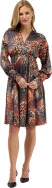 24seven Comfort Apparel Elevate Womens Long Sleeve V Neck Empire Waist Knee Length Flare Dress