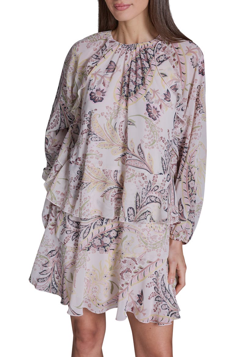 Paisley Long Sleeve Tiered Minidress, Alternate, color, ECRU/CITRON ZEST MULTI