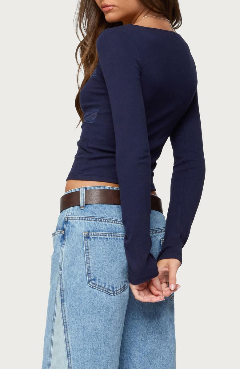 EDIKTED Kathi Lace Trim Long Sleeve Button-Up Shirt, Alternate, color, Navy