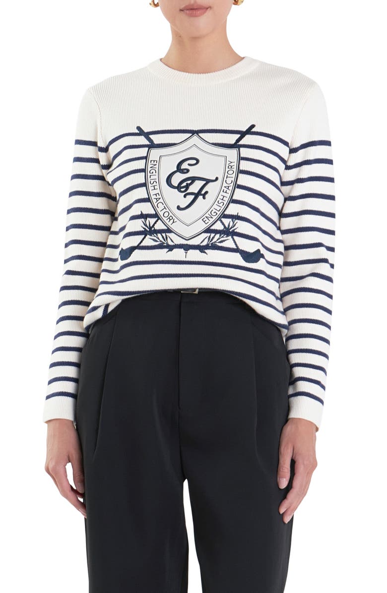 English Factory Sports Club Golf Embroidered Stripe Long Sleeve Knit Top, Main, color, Navy/ White