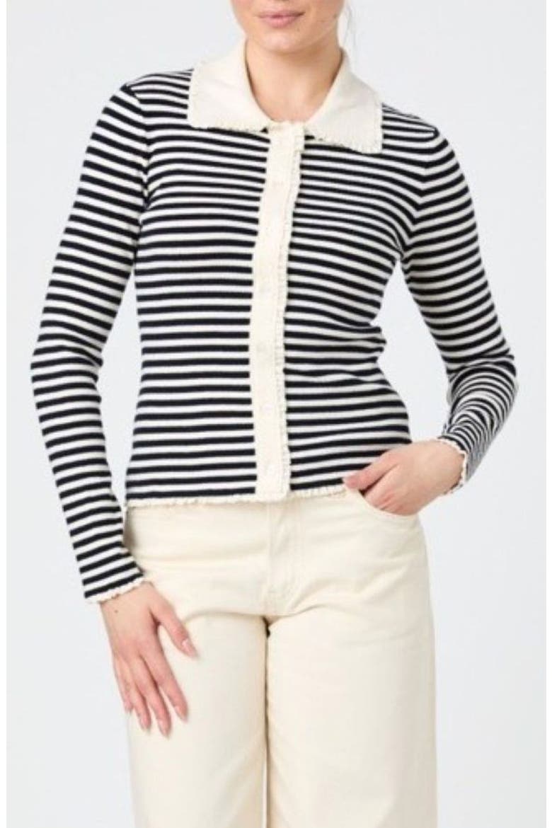 Stripe Lace Trim Collared Cardigan, Main, color, NAVY/ CREAM