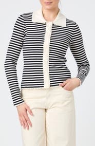 French Connection Stripe Lace Trim Collared Cardigan