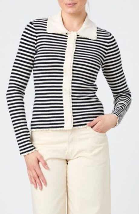 French Connection Stripe Lace Trim Collared Cardigan