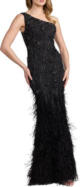 Mac Duggal Embellished Lace One Shoulder Feather Gown