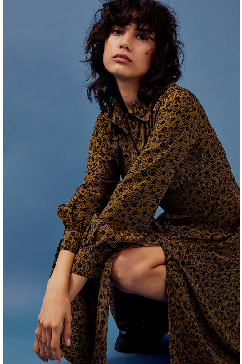 Floral Slit Front Long Sleeve Shirtdress, Alternate, color, OLIVE MULTI