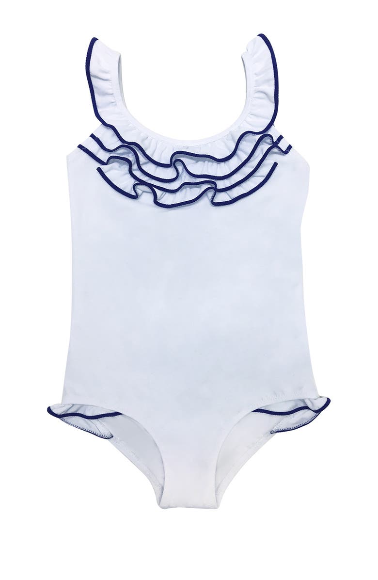 NESSI BYRD Trim Tiered Ruffle One-Piece Swimsuit, Toddler, Little Kid & Big Kid, Main, color, White
