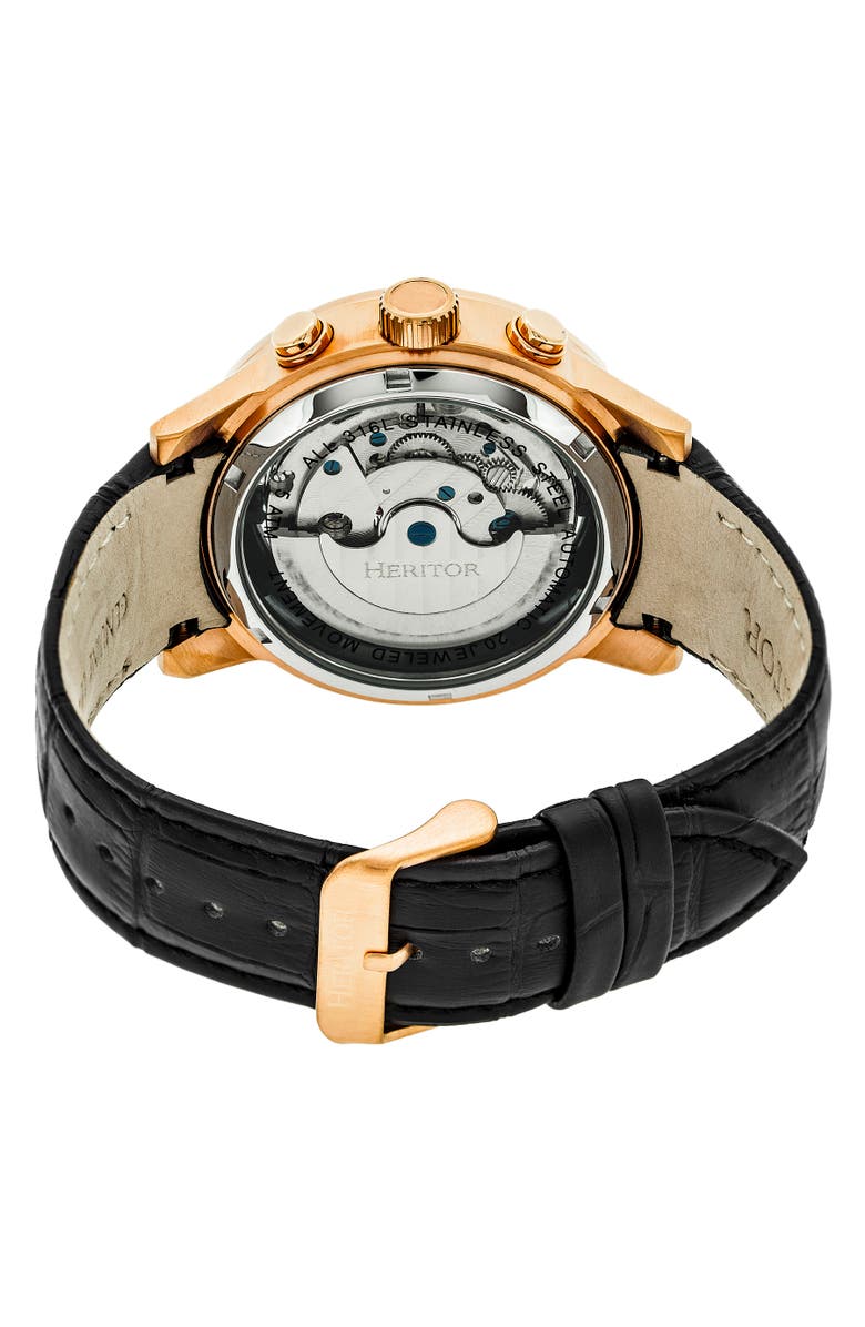 Heritor Automatic Hannibal Semi-Skeleton Leather-Band Watch, Alternate, color, Rose Gold/Black