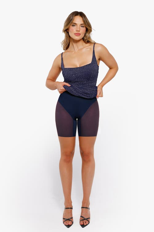 Popilush Shapewear Metallic Knit Bodycon Sculpting Midi Slip Dress In Blue Ribbon