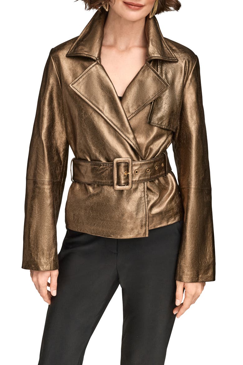Metallic Leather Belted Jacket, Main, color, DARK COPPER