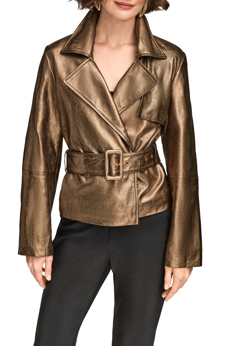 Donna Karan New York Metallic Leather Belted Jacket, Main, color, Dark Copper