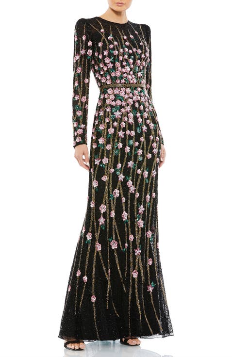 Floral Embellished Mesh Gown with High Neck & Sheer Long Sleeves