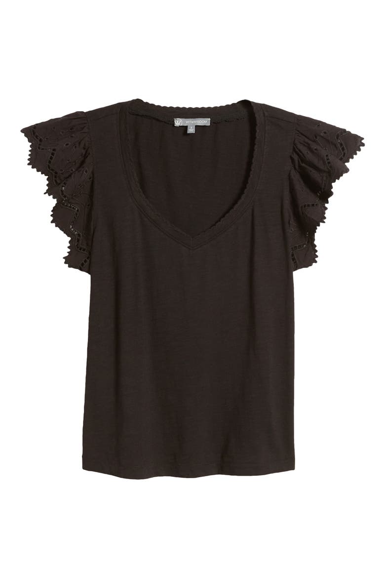 Eyelet Flutter Sleeve Jersey T-Shirt, Alternate, color, BLACK