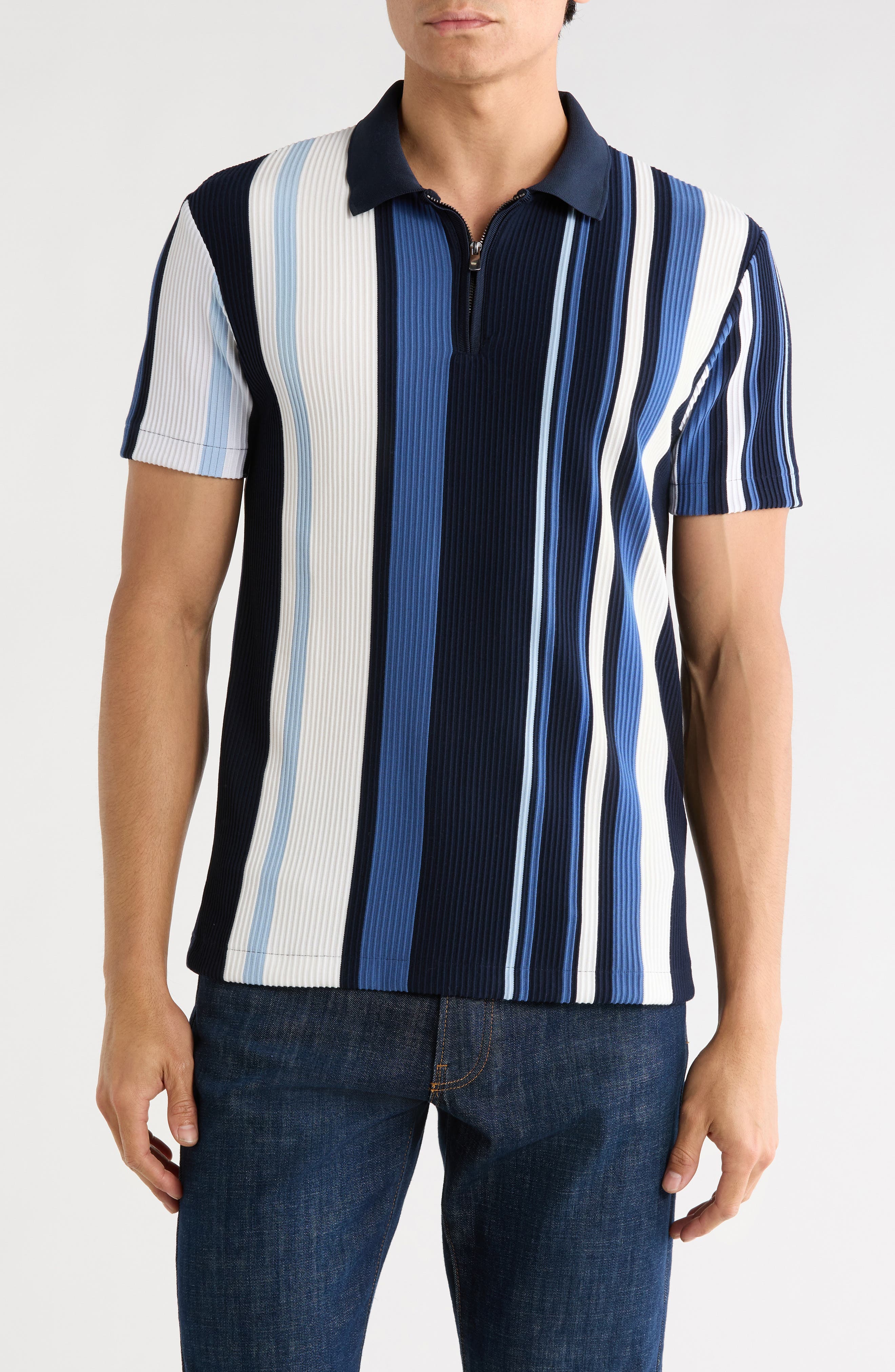 DENIM AND FLOWER Quarter Zip Textured Knit Polo