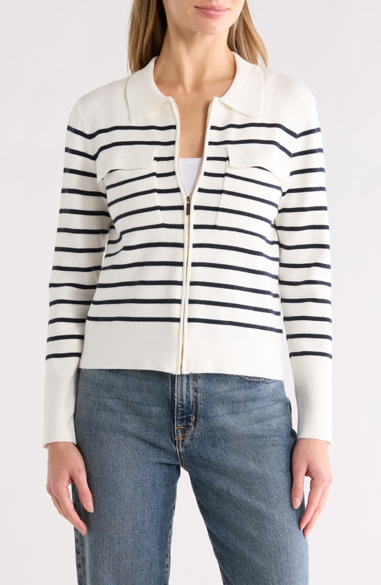 T Tahari Milano Stripe Crop Sweater Jacket, Main, color, White Star/ Navy Blue