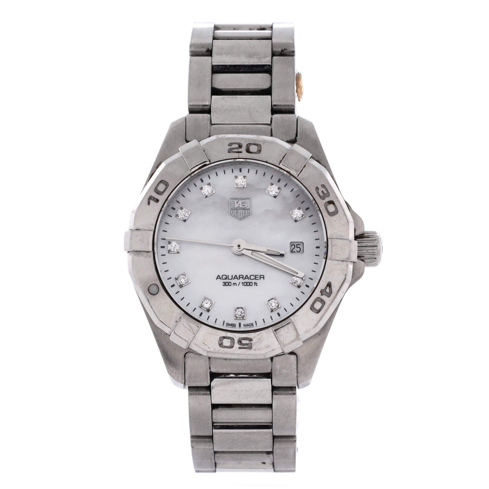 Aquaracer 300M Quartz Watch Stainless Steel with Diamond Markers and Mother of Pearl 32, Main, color, Metallic Silver