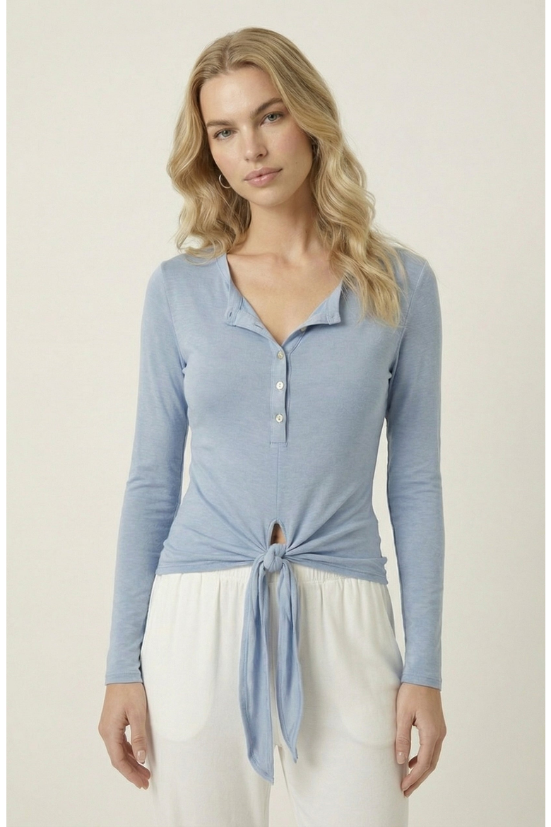 Long Sleeve Front Tie Henley Top, Main, color, Heathered Light Blue