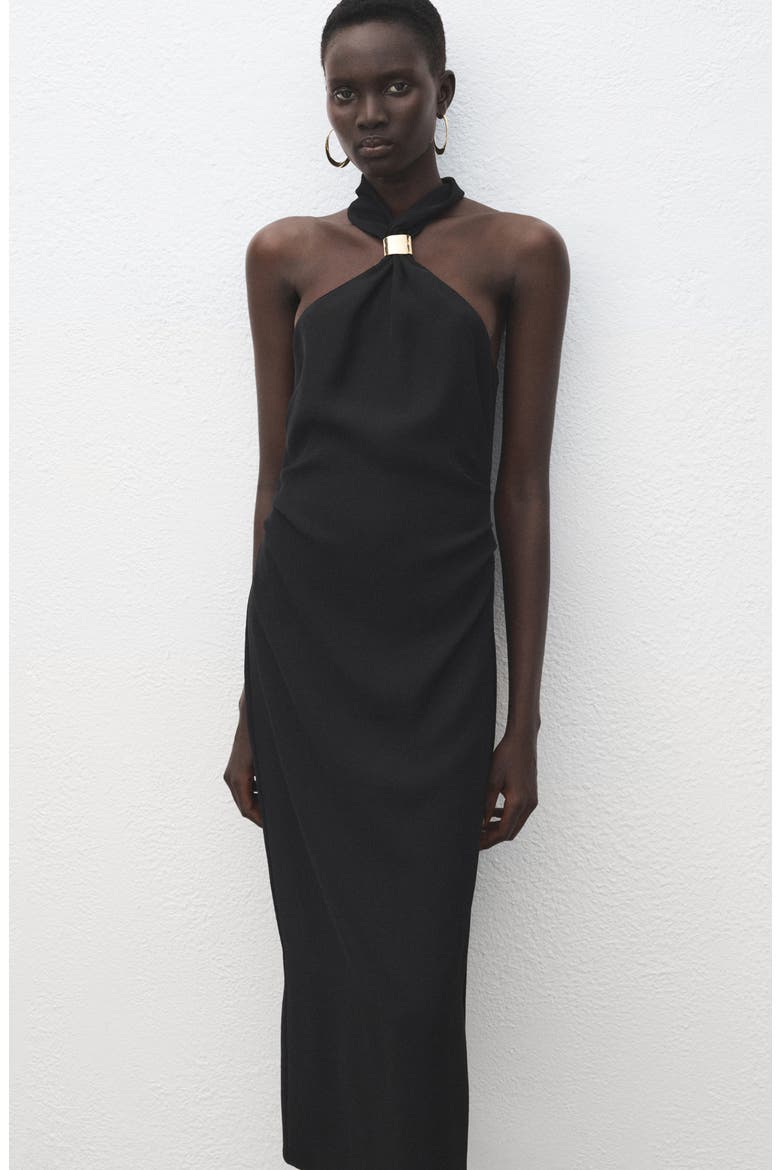 Pleated Mock Neck Midi Dress, Alternate, color, BLACK