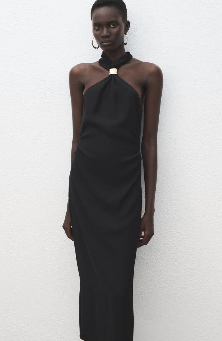 MANGO Pleated Mock Neck Midi Dress, Alternate, color, Black