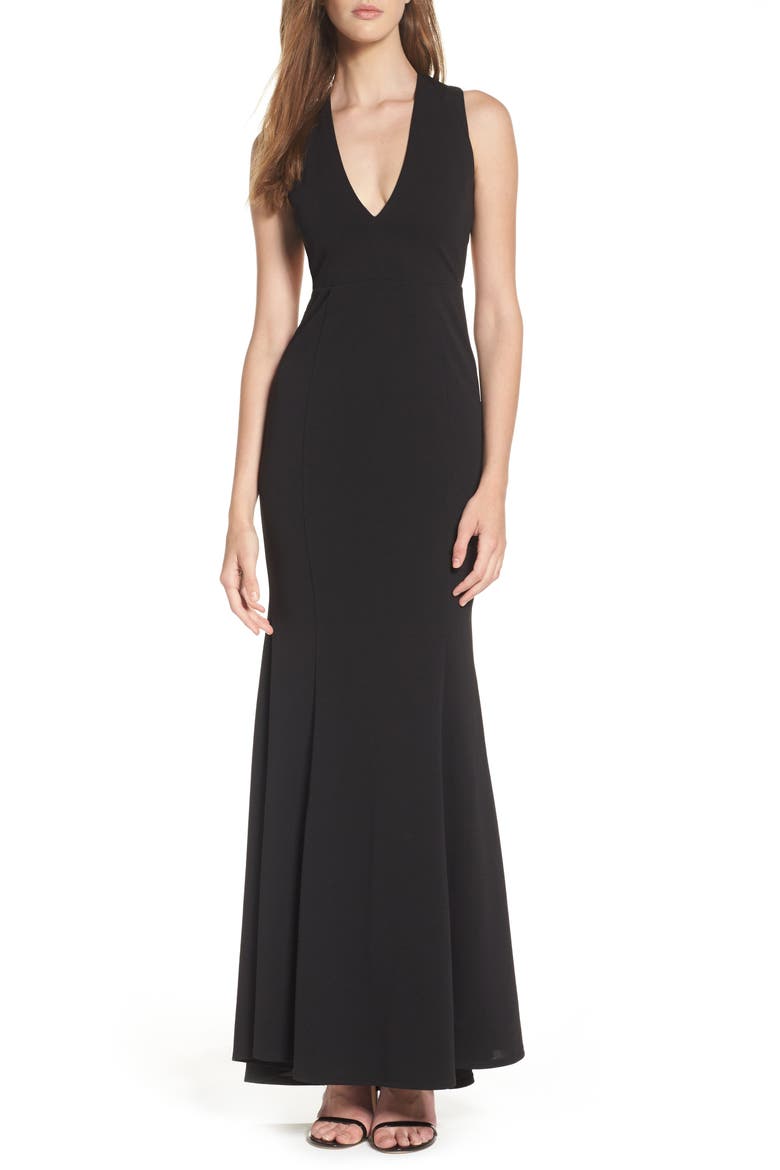 Heaven & Earth Plunge Neck Gown, Main, color, BLACK