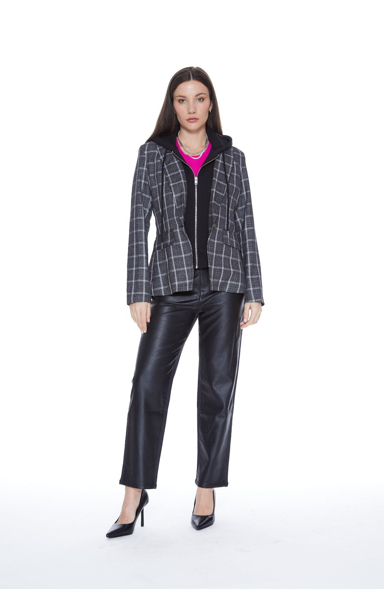 BLUE REVIVAL Hooded Helen Blazer in Charcoal Plaid and Black, Alternate, color, Charcoal Plaid / Black