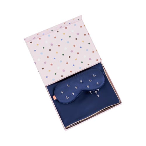 Lost Pattern Nyc "moonlit Stars" Silk 2 Piece Gift Set Silk Pillowcase & Silk Sleep Eye Mask In Blue