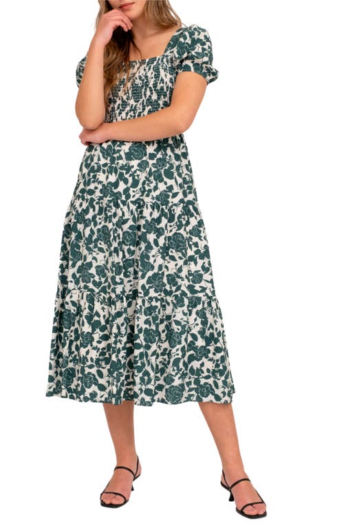 August Sky Floral Puff Sleeve Smocked Midi Dress In Forest Green Multi