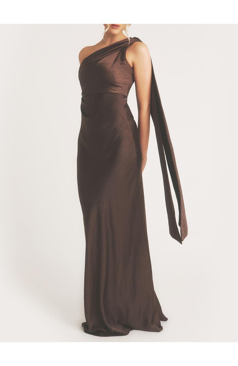 Six Stories One Shoulder Drape Bridesmaid Dress, Alternate, color, Chocolate
