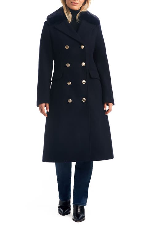 Double Breasted Wool Blend Coat with Removable Faux Fur Collar