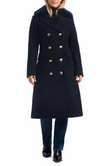 Vince Camuto Double Breasted Wool Blend Coat with Removable Faux Fur Collar