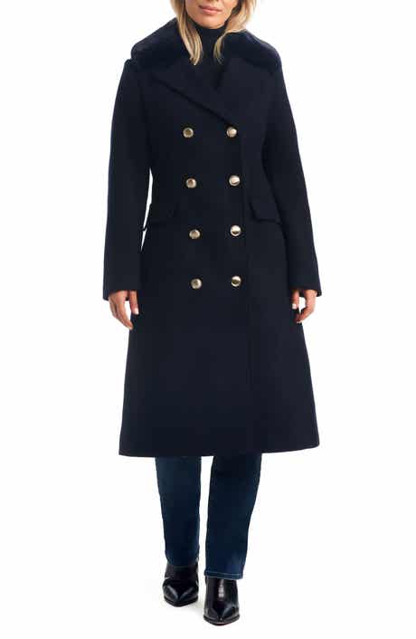 Vince Camuto Double Breasted Wool Blend Coat with Removable Faux Fur Collar