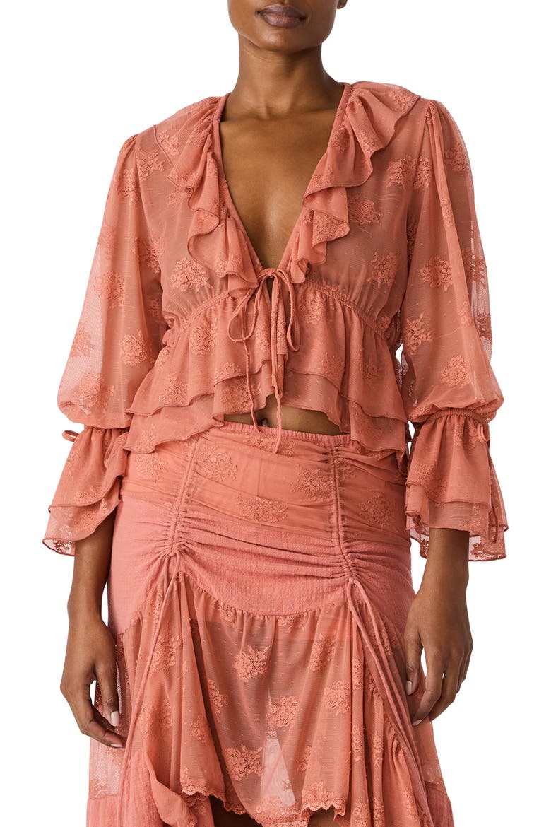 Montana Floral Embroidery Ruffle Detail Knit Top, Main, color, CANYON ROSE
