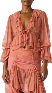 Steve Madden Montana Floral Embroidery Ruffle Detail Knit Top