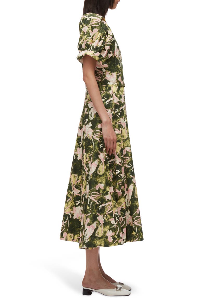 Bloom Sleeve Belted Cotton Midi Dress, Alternate, color, OLIVE FLOATING IRIS