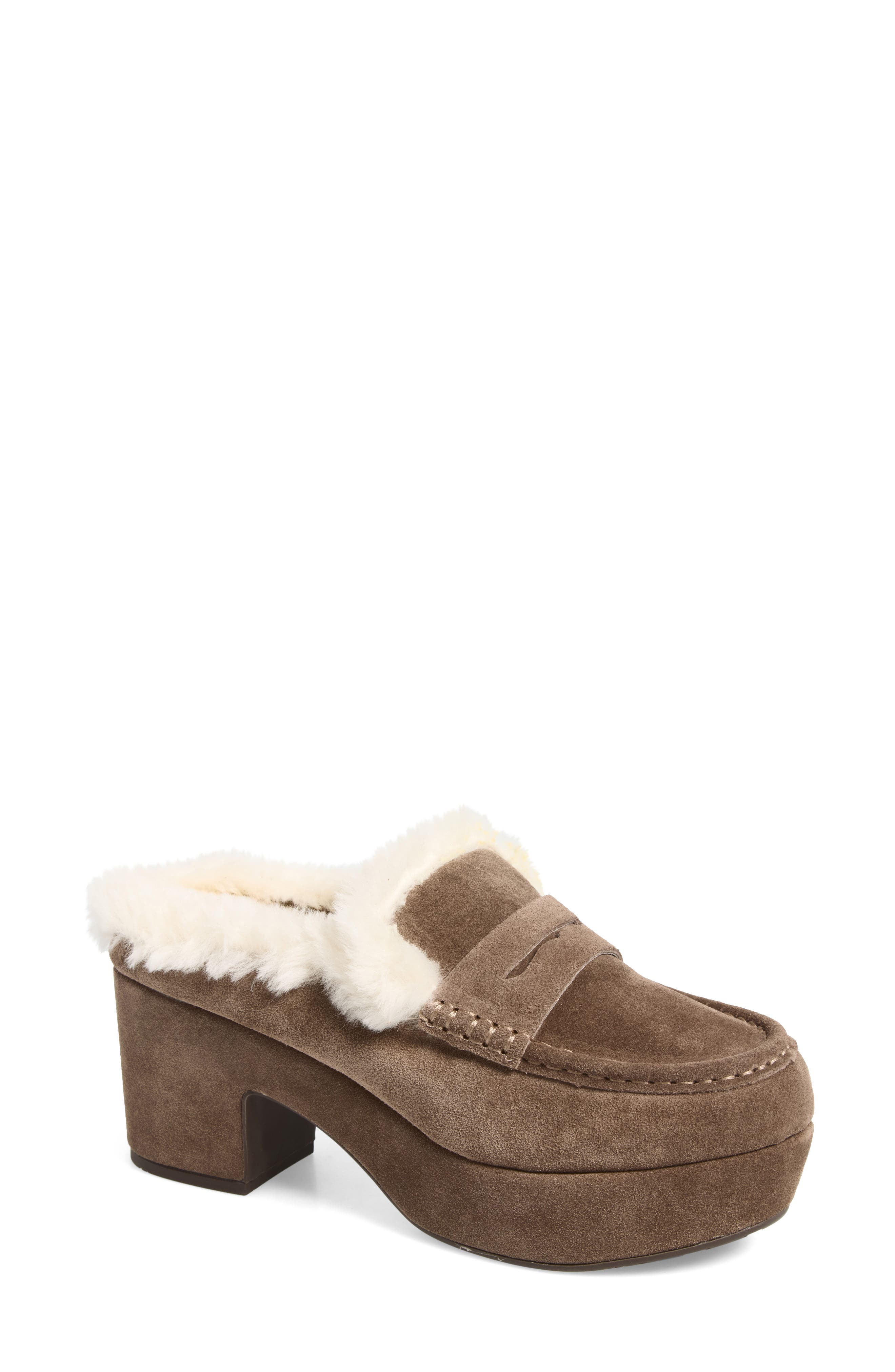 Genna Genuine Shearling Clog, Main, color, DARK TAUPE SUEDE