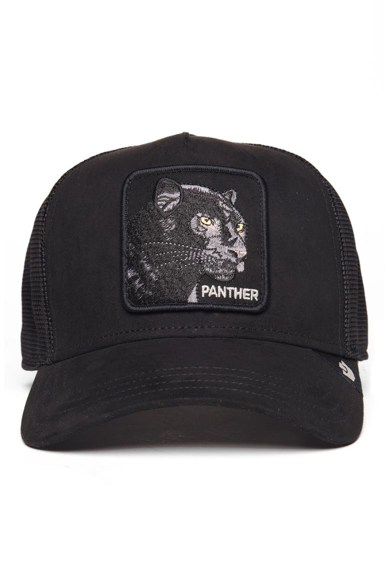 Panther Patch Faux Suede Snapback Trucker Hat, Alternate, color, VOID