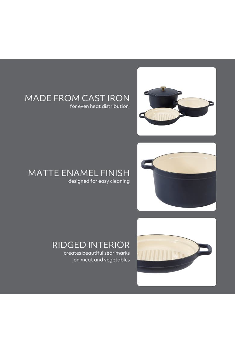 4-Piece Enameled Cast Iron Stackable Cookware Set Dutch Oven with Lid, Braiser and Grill Pan, Alternate, color, Navy Blue