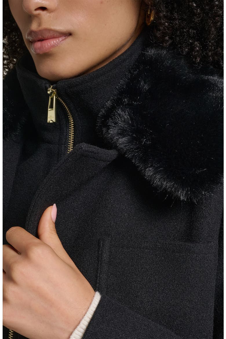 Faux Fur Collar Walker Coat with Bib, Alternate, color, BLACK