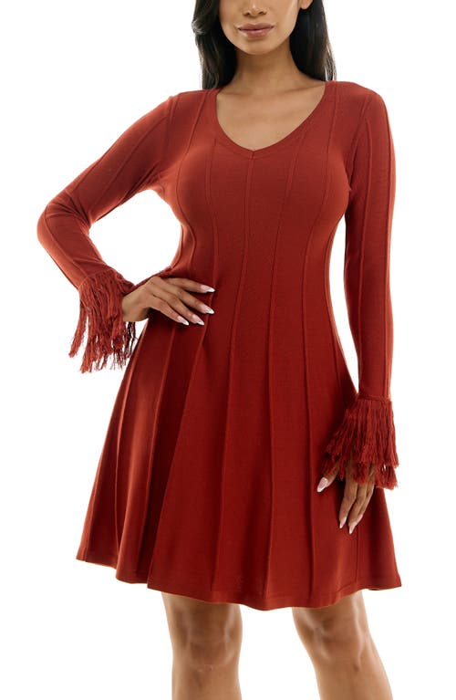 Nina Leonard Fringe Cuff Sweater Dress In Rust