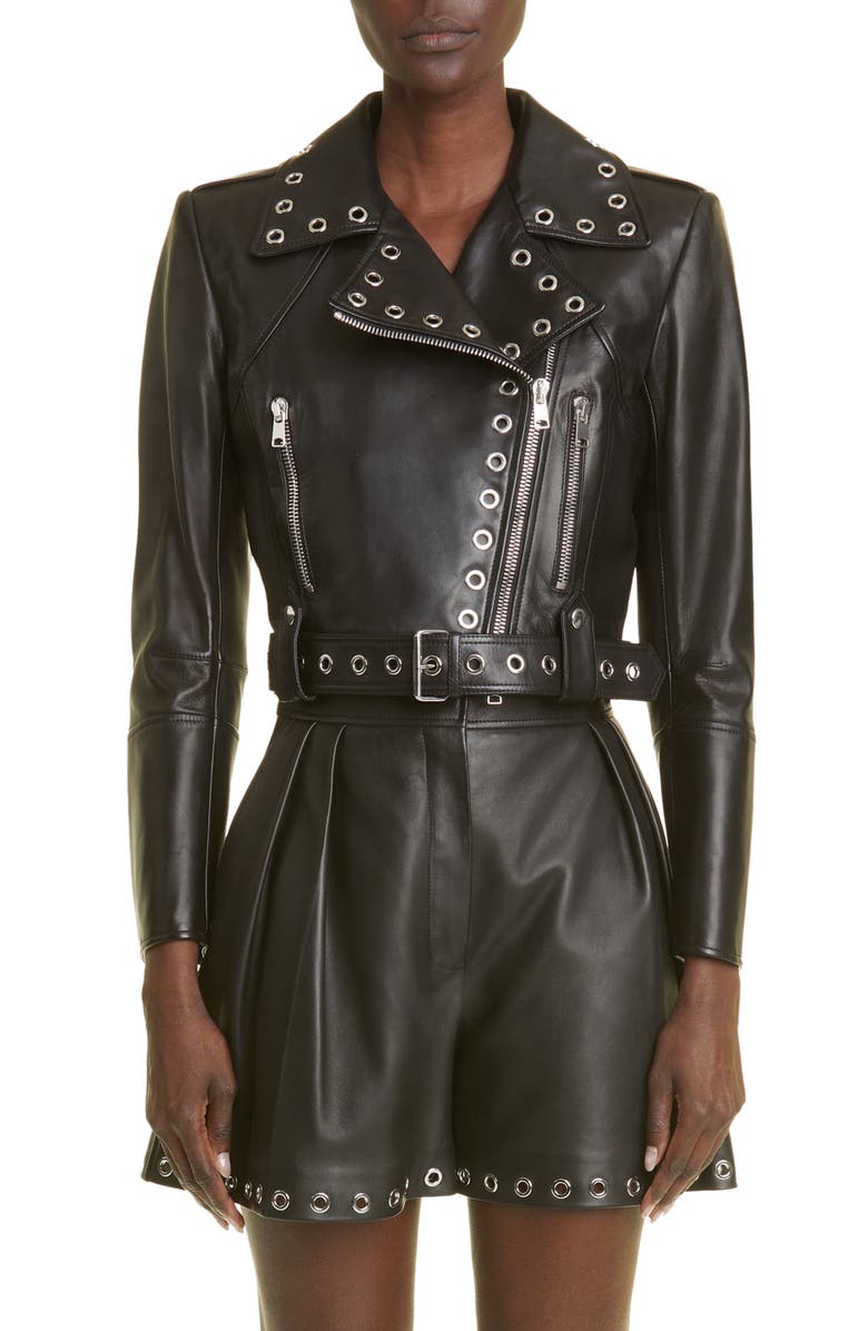 McQueen Grommet Leather Biker Jacket, Main, color,