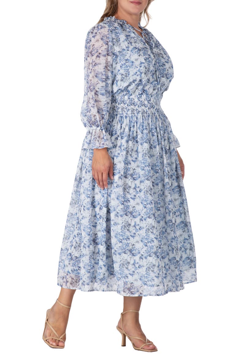 Floral Long Sleeve Midi Dress, Alternate, color, BLUE WHITE PRINT