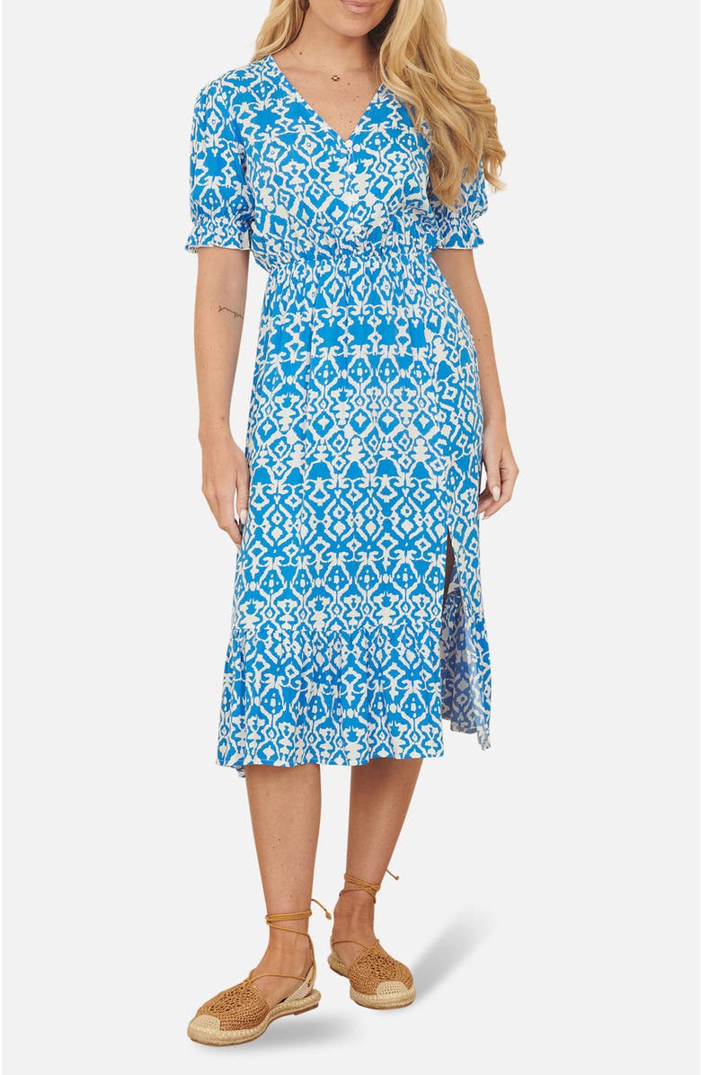 Yumi Geometric Print Puff Sleeve Midi Dress, Alternate, color, Blue