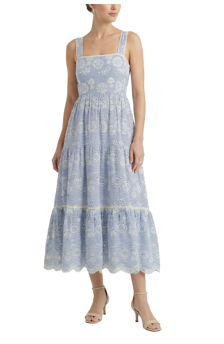 Change of Scenery Lizzie Pinstripe Eyelet Tiered Midi Dress, Main, color, Sky/Natural