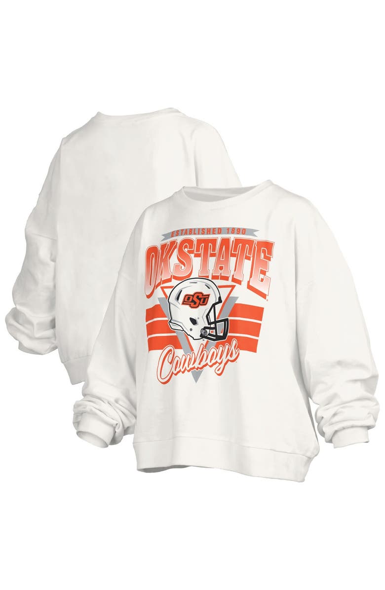 PRESSBOX Women
s Pressbox White Oklahoma State Cowboys Oversized Janice Retro Waist-Length Pullover Sweatshirt, Main, color, White