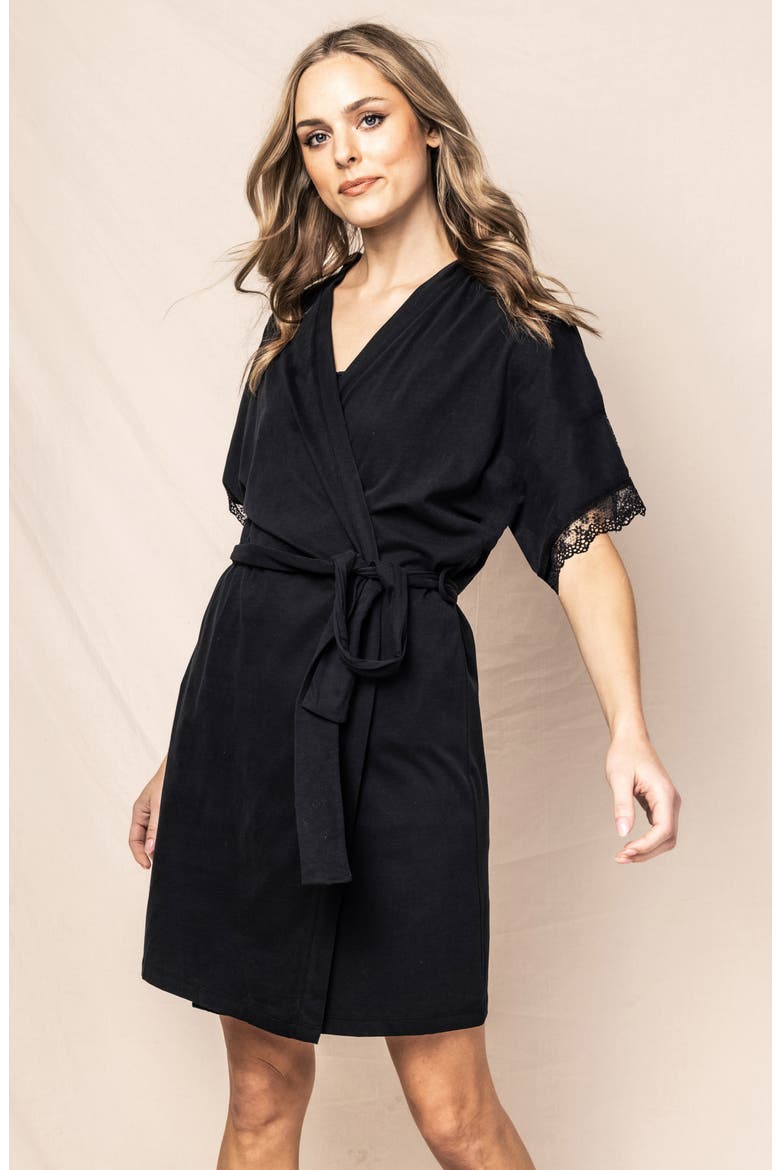Lace Trim Cotton Jersey Robe, Alternate, color, BLACK