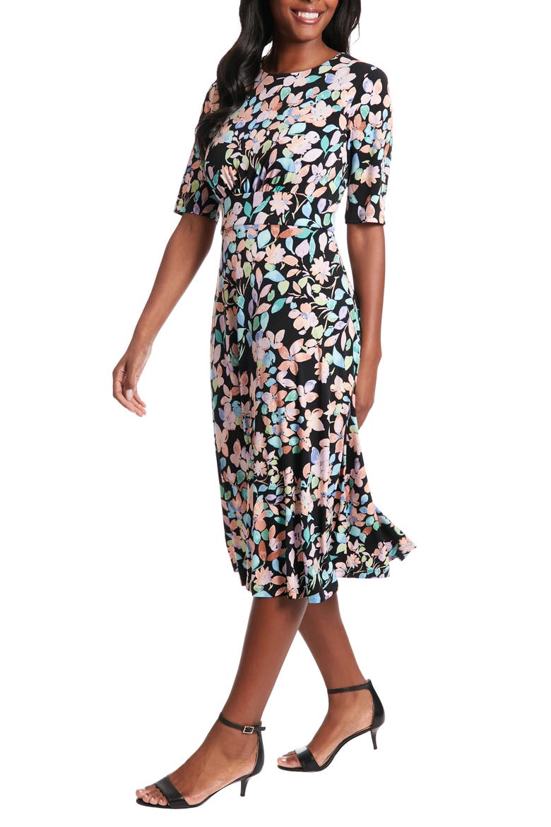 Floral Inset Waist Fit & Flare Midi Dress, Alternate, color, BLACK/ LILAC